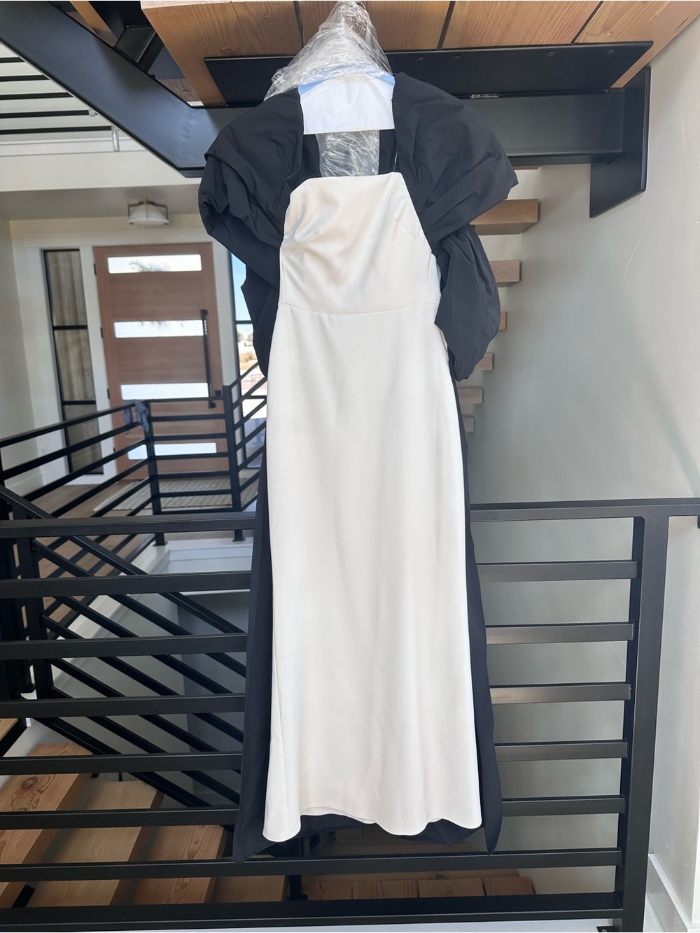 Marchesa White Strapless Column Dress with Black Shawl
